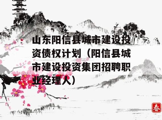 山东阳信县城市建设投资债权计划（阳信县城市建设投资集团招聘职业经理人）